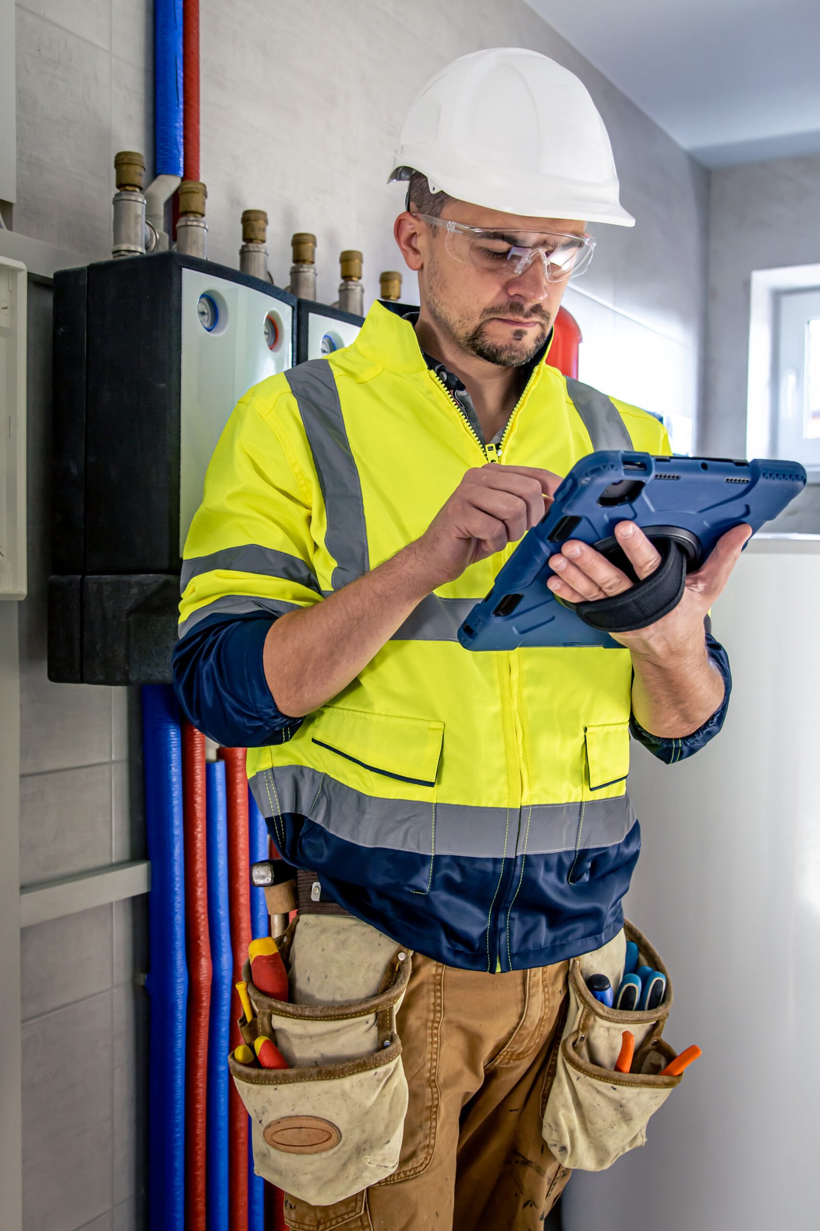 Technician in safety gear using tablet.